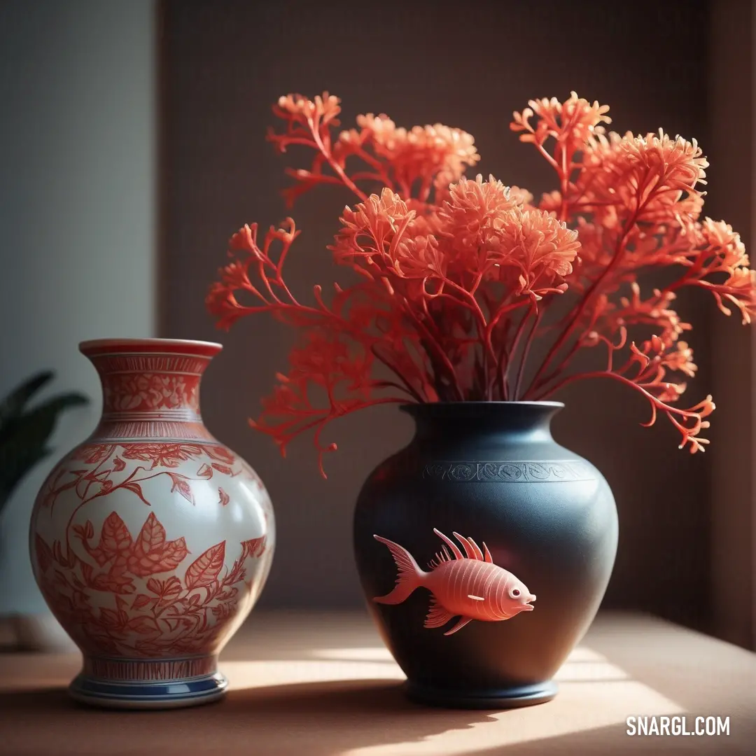 Vase with a fish on it next to a vase with flowers in it on a table with a window. Color RGB 183,65,14.