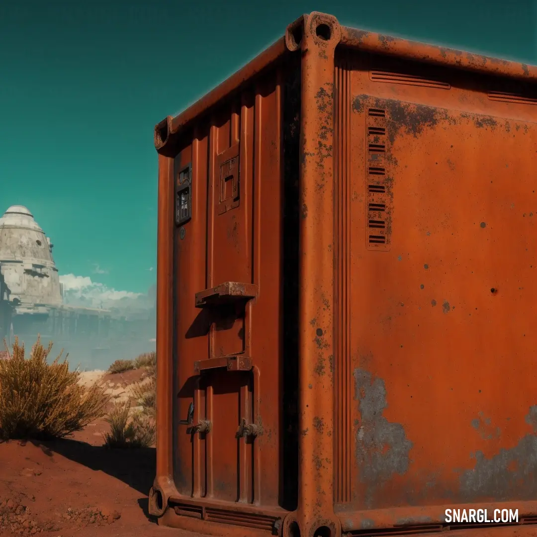 Rusted out container in the desert with a mountain in the background in the distance