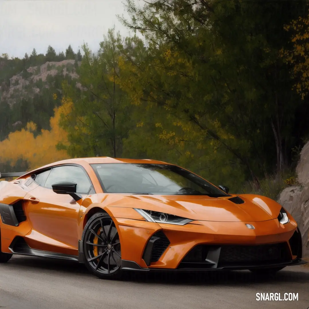 Rust color example: Very nice looking orange sports car on the road in the mountains of california