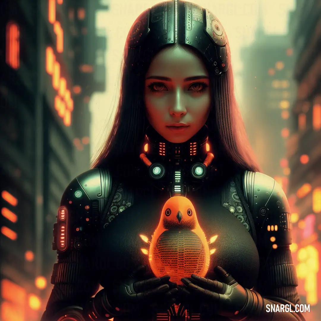 Rust color. Woman in a futuristic suit holding a glowing object in her hands in a cityscape scene with neon lights