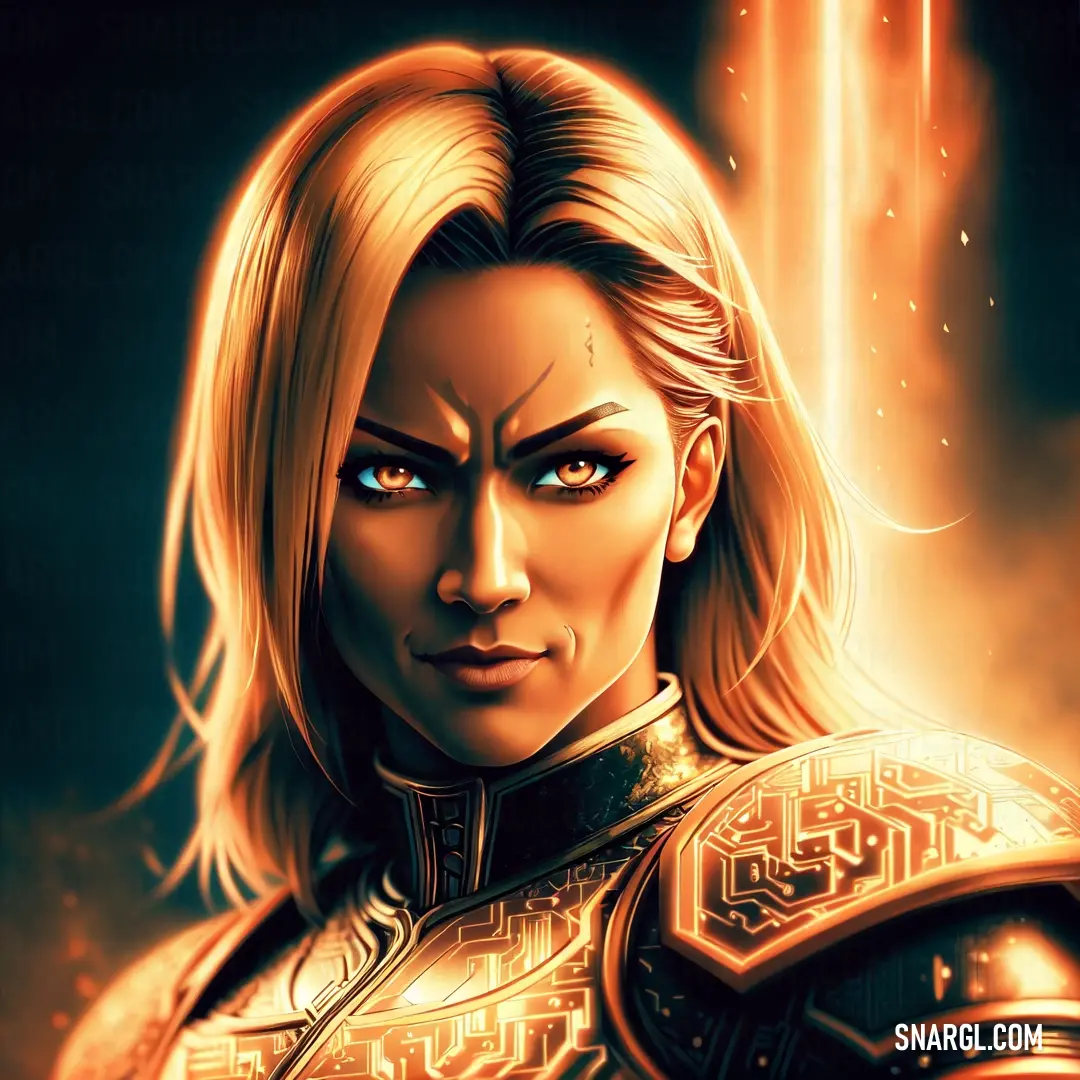 Woman with blonde hair and blue eyes in a gold armor with a sword in her hand and a glowing background