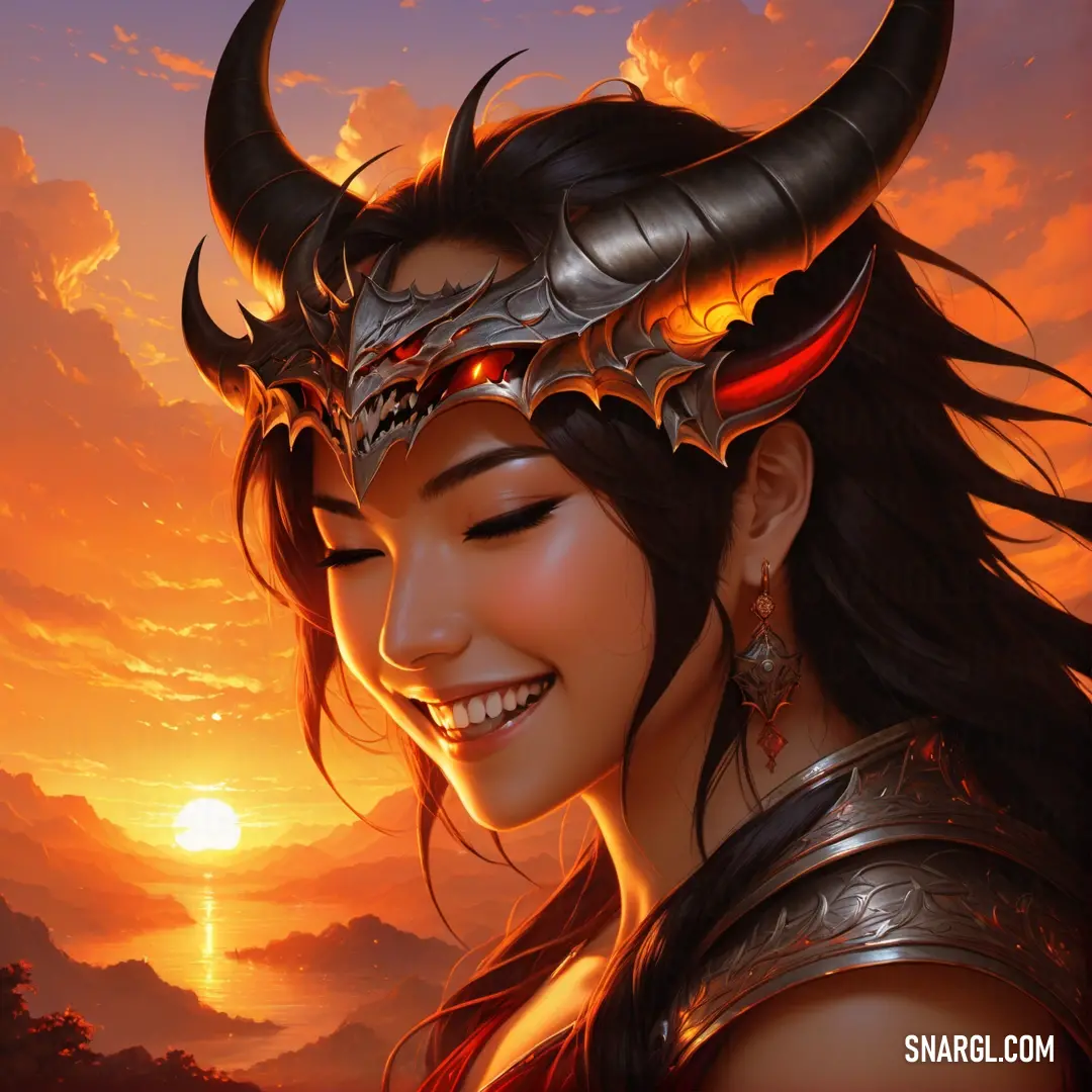 Woman with horns and a smile on her face with the sun in the background and clouds in the sky
