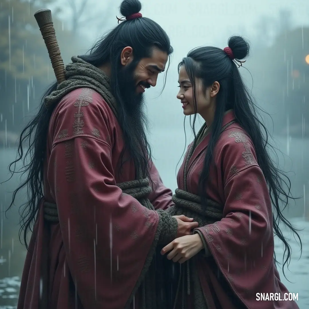 Two brave figures stand steadfast in the rain, swords drawn in brotherhood and resilience, encapsulating the essence of unity in the face of adversity in their heroic journey. In the midst of a rain-soaked landscape, two warriors stand united, swords raised in defiance against the elements. Their poised stance conveys strength and camaraderie as they prepare for whatever challenges await them in their epic journey.