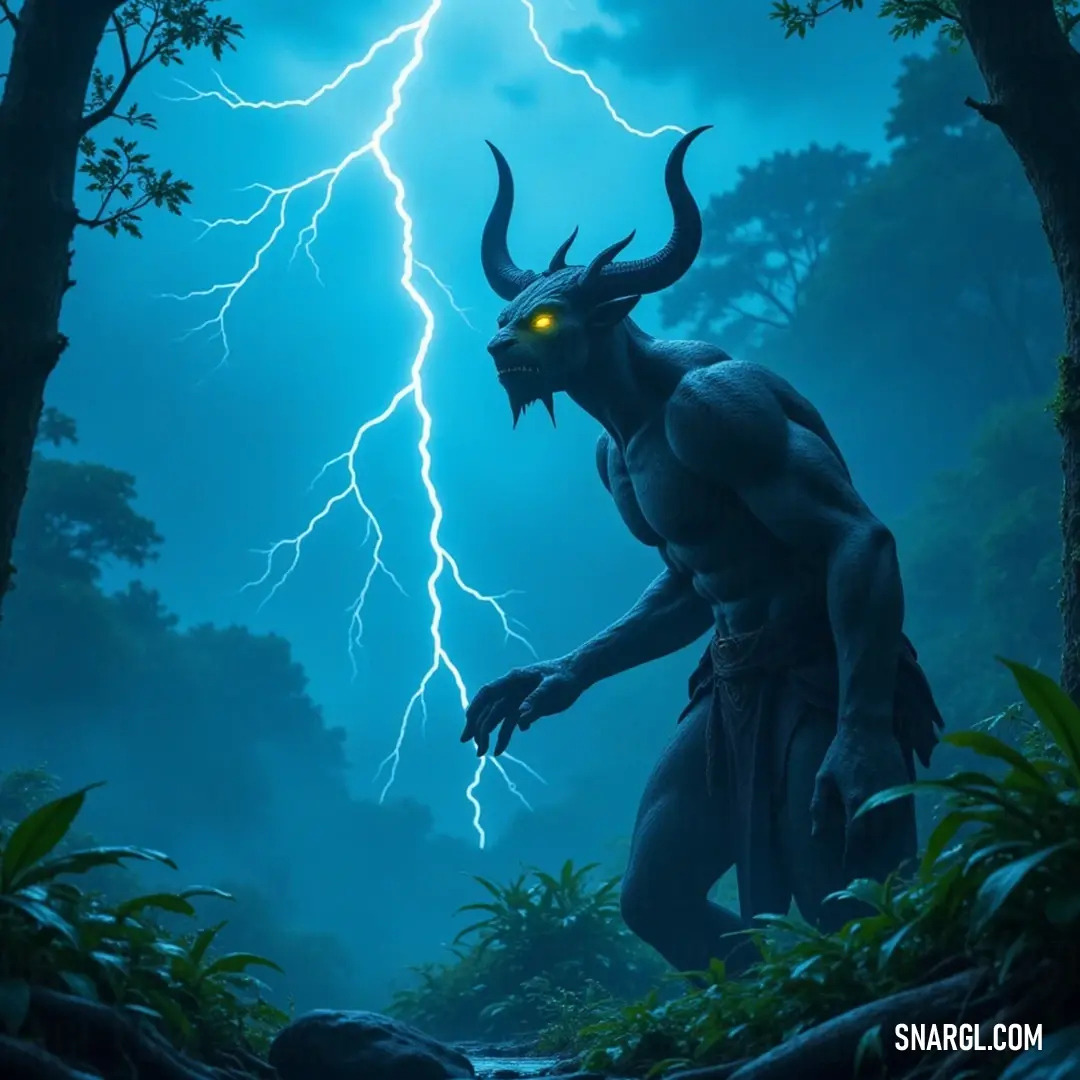 Ryothar Hellborn, with glowing eyes, stands in a mystical forest filled with electric lightning and ancient trees, exuding an aura of power and intrigue. Ryothar Hellborn stands ominously in a shadowy forest illuminated by vibrant lightning, showcasing glowing eyes that pierce through the dark, surrounded by gnarled trees that whisper tales of enchantment and mystery in the electric night.