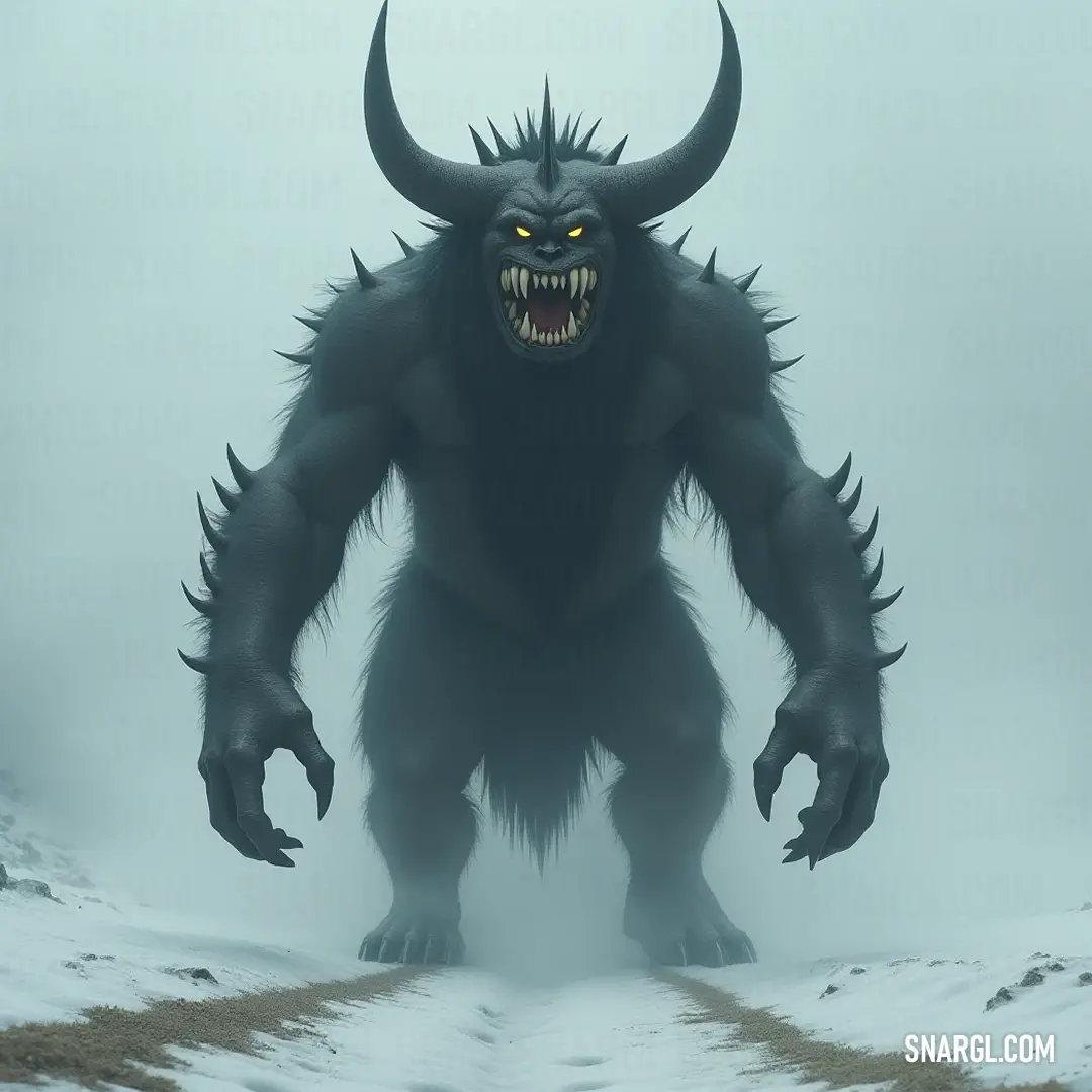 Menacing Ryu Demon with imposing horns and a toothy grin in a snowy wilderness. A fierce Ryu Demon towers in the snowy landscape, its large horns curling menacingly above its grinning, toothy maw, embodying the chill of the winter air and the thrill of the hunt.