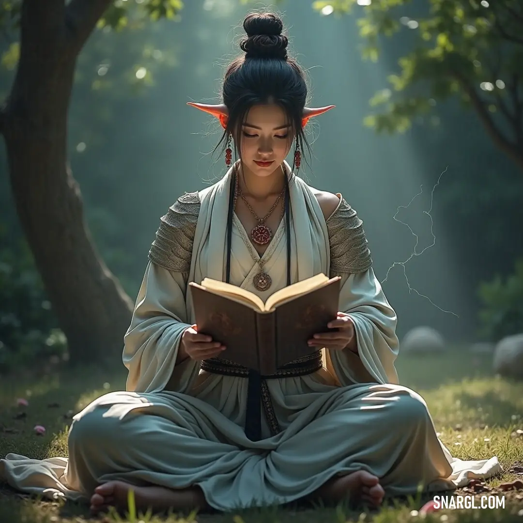 A tranquil character in a white dress, engrossed in reading, rests peacefully on the forest floor, embraced by the beauty of nature's wonders. A serene figure in flowing white attire sits in quiet contemplation on the forest floor, absorbed in the pages of a book, surrounded by towering trees that whisper tales of ancient wisdom and nature's splendor.