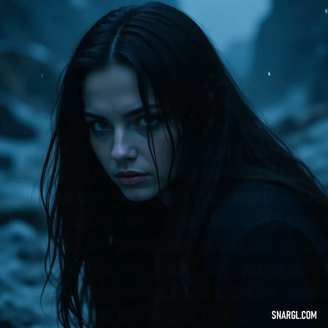 A lone figure with long hair stands gracefully in the snow, embodying winter's serene beauty. In the snow-covered landscape, a figure with long flowing hair stands against a dark background, creating a striking contrast. The serene ambiance captures the essence of winter, illustrating a quiet elegance and resilience in solitude.