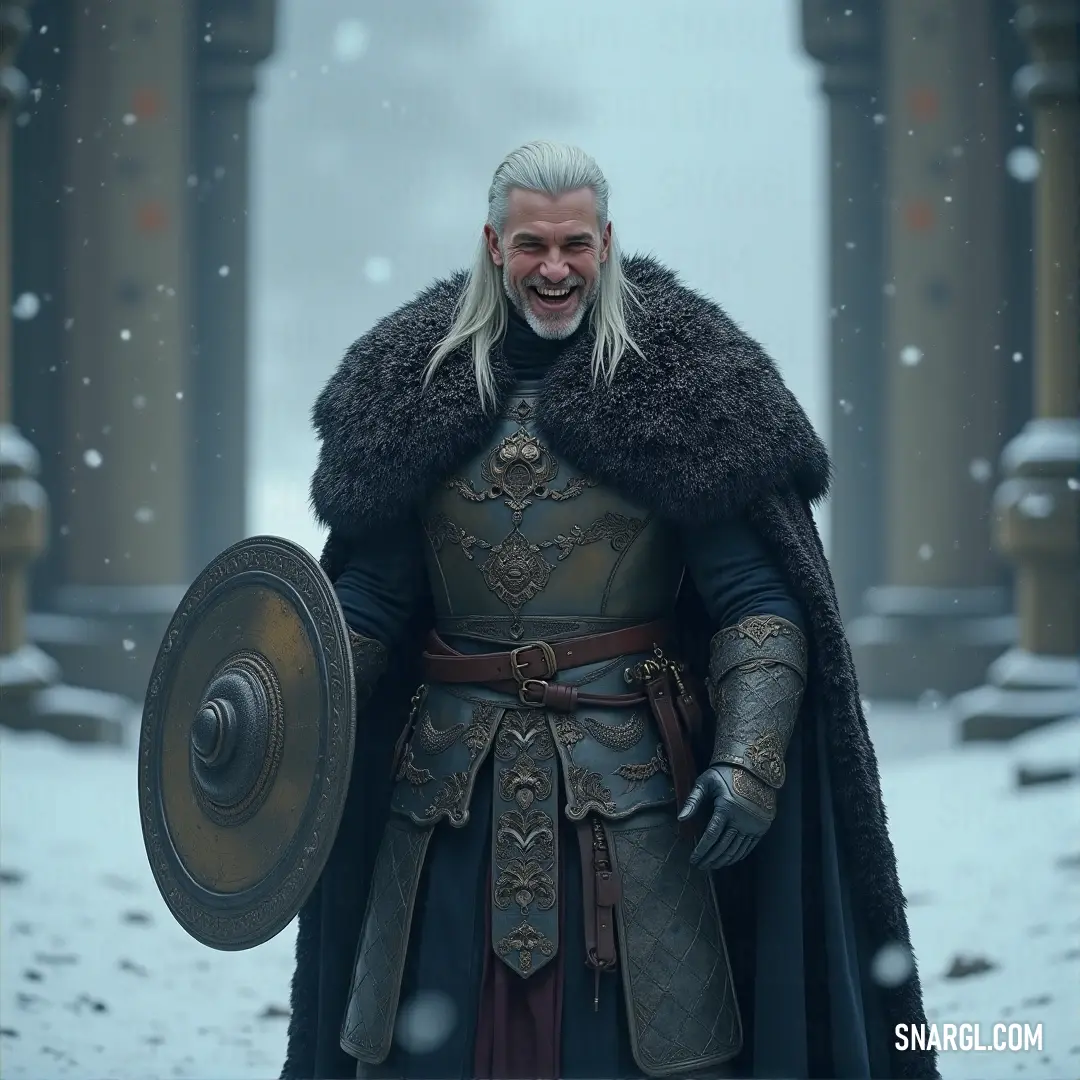 Sabine clad in full armor, a shield and sword ready for battle, standing resolute in the unforgiving snowstorm. Sabine dons a suit of full armor, a fierce presence amidst a snowstorm. In his hands, a shield and sword form the perfect defense as he faces the elements, his fur coat adding warmth to the cold and strength to his resolve.