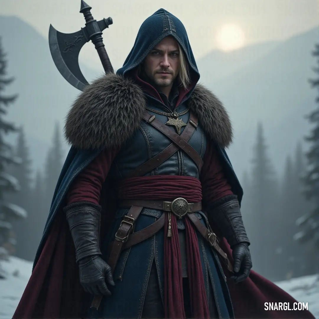 Sabine, a mysterious warrior in a hooded cloak, holding a sword with determination, and a fur collar highlighting his rugged appearance. A warrior named Sabine stands proudly in a hooded cloak, a sword gripped tightly in one hand. The dark hood shrouds his face, but the fur collar at his neck hints at a battle-worn protector, ready for whatever comes his way.