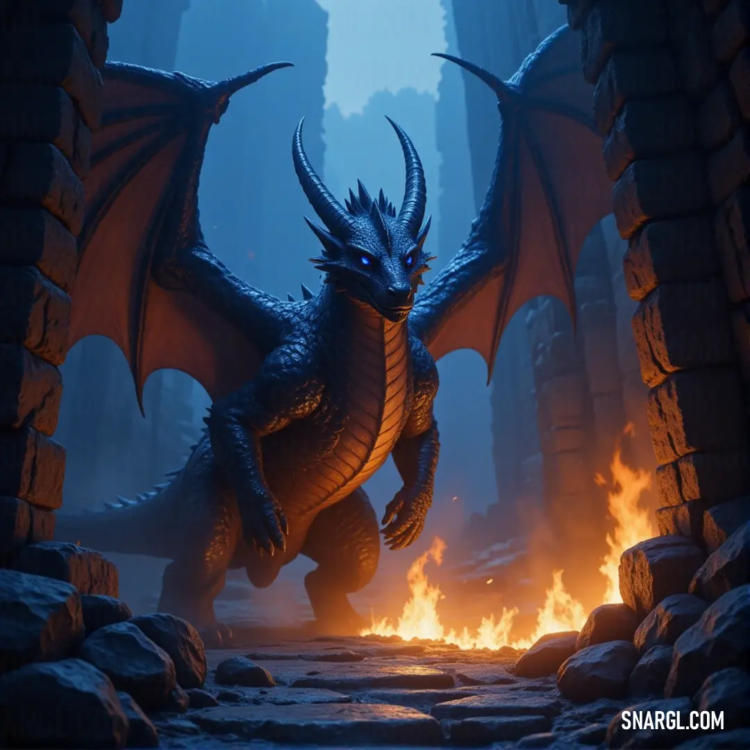 Sable standing in a cave with fire coming from its mouth, wings spread wide, against the dark stone backdrop. Sable stands fiercely within a dark cave, its mouth ablaze with fire. Its wings are spread wide, casting shadows against the rocky walls. The fiery glow contrasts with the cold stone surroundings, creating an intense and dramatic atmosphere.