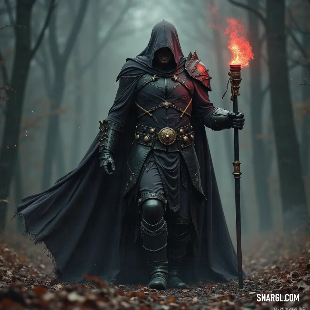 A mysterious figure cloaked in a dark hooded suit, holding a staff with a flickering flame in one hand, stands silently in an ancient forest. The soft light of the flame contrasts with the dark shadows of the trees.