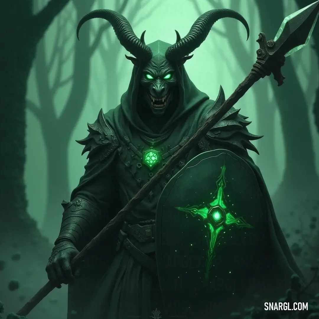 A heroic character clad in a horned costume captivates the viewer while wielding a glowing green shield and an illuminating cross, suggesting a powerful connection to the forces of light and protection. A mystical figure dressed in a horned costume brandishes a glowing green shield and a luminous cross, embodying protection and strength amidst an ambiance of vibrant green light and mystique.