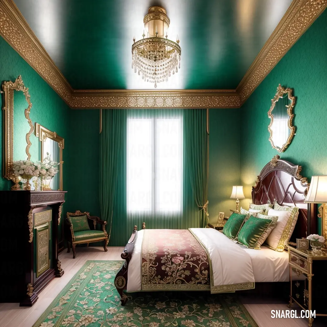 Bedroom with a green wall and a chandelier hanging from the ceiling and a bed with a floral comforter