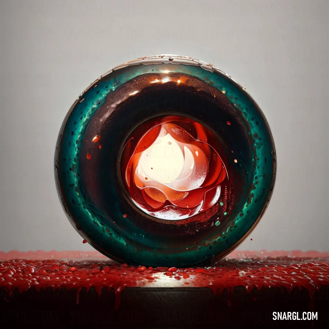 Glass object on top of a table next to a wall with red paint on it and a white background