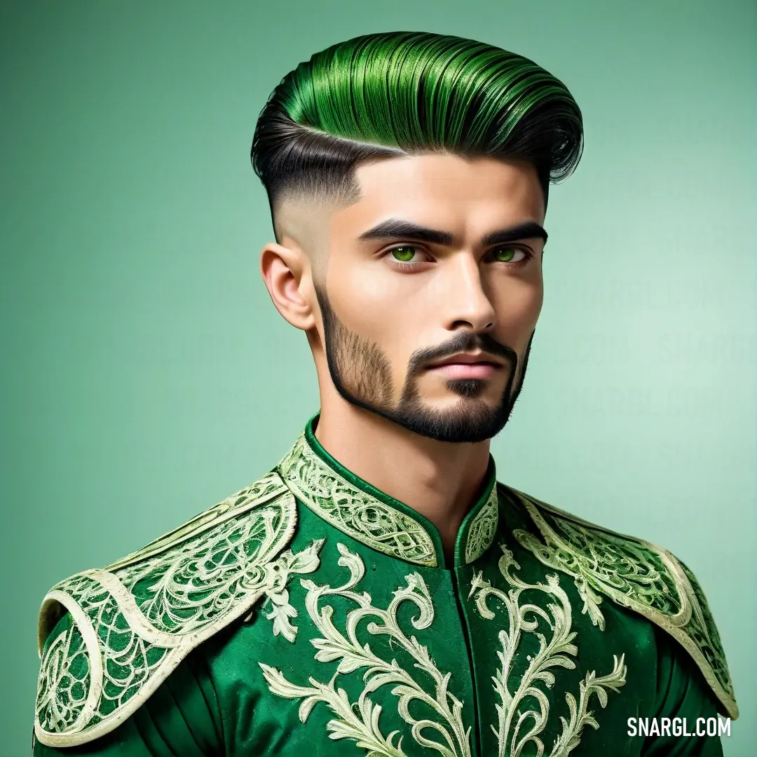 Man with a green hair and a green suit on his head. Color #00563F.
