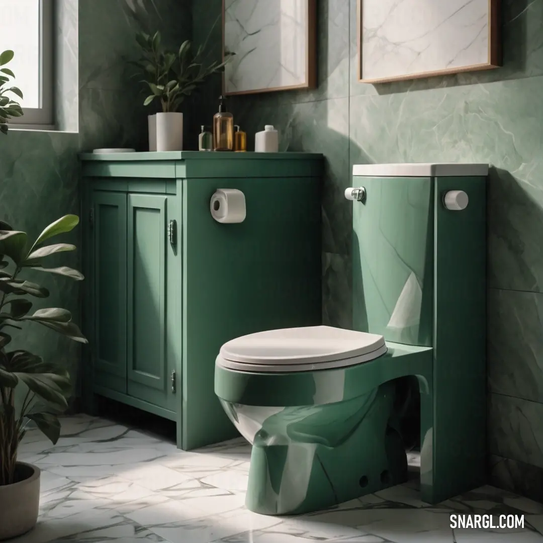 Bathroom with a toilet and a green cabinet with a plant in it. Color CMYK 100,0,27,66.