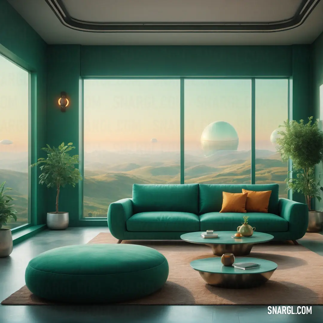 Living room with a large window and a green couch and chair in front of a large window with a view of the mountains