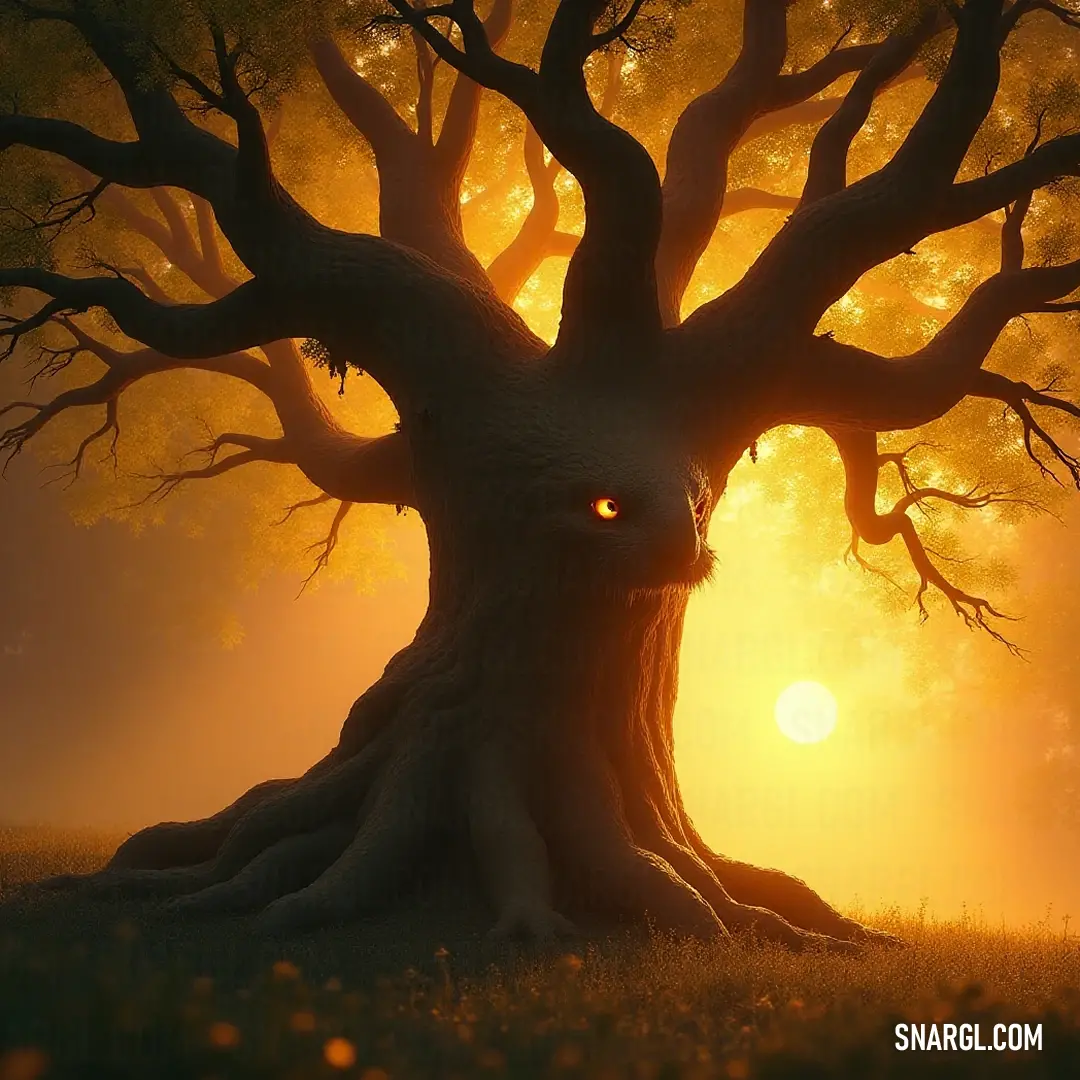 Marvel at the ancient tree with a radiant glowing eye at its core, a sentinel of the woodland that beckons wanderers into the depths of nature's mysteries and beauty. A formidable tree with a luminous eye embedded in its trunk stands sentinel amidst the twisted branches. Its branches stretch out like ancient arms, inviting wonder and fear to those who dare approach this forest sentinel.