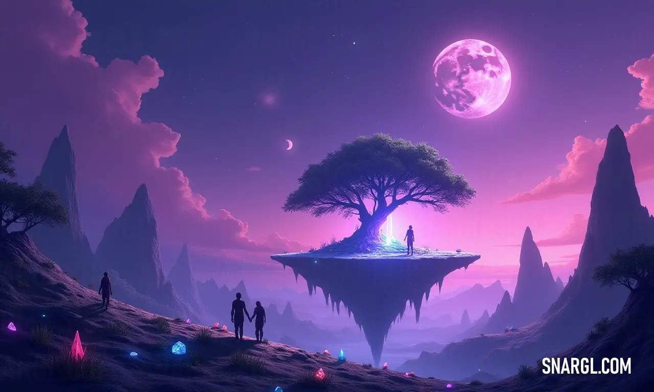 Amidst a serene hill, a charming couple admires a wondrous tree towering in the sky, bathed in the gentle glow of a full moon, evoking feelings of love and fascination. A couple stands on a tranquil hill, gazing at a magnificent tree high in the sky, with a radiant full moon casting a soft light, creating a dreamlike atmosphere of romance and wonder.