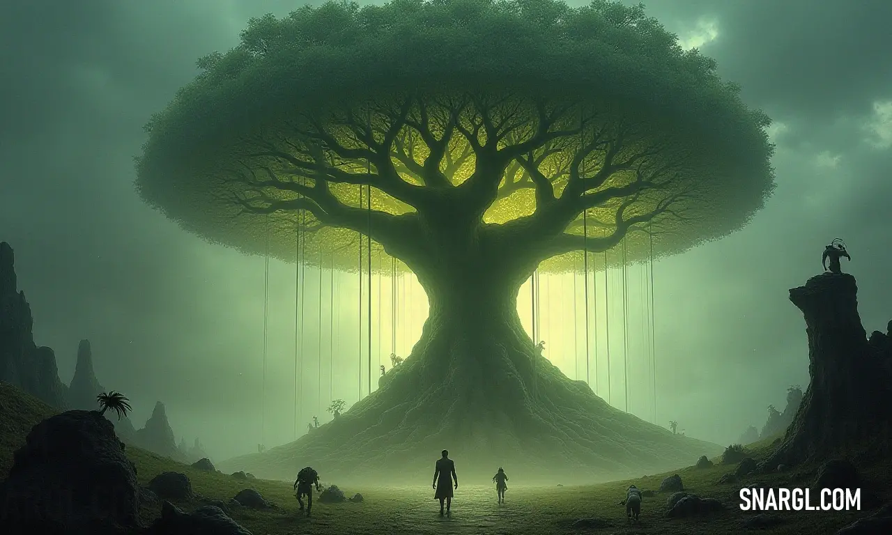 A gathering of people under a towering tree, celebrating nature's beauty and community spirit. A vibrant scene of a large, towering tree where people gather, uniting under its expansive trunk, while a Sacred Tree stands nearby, creating a landscape rich in community and connection with nature.