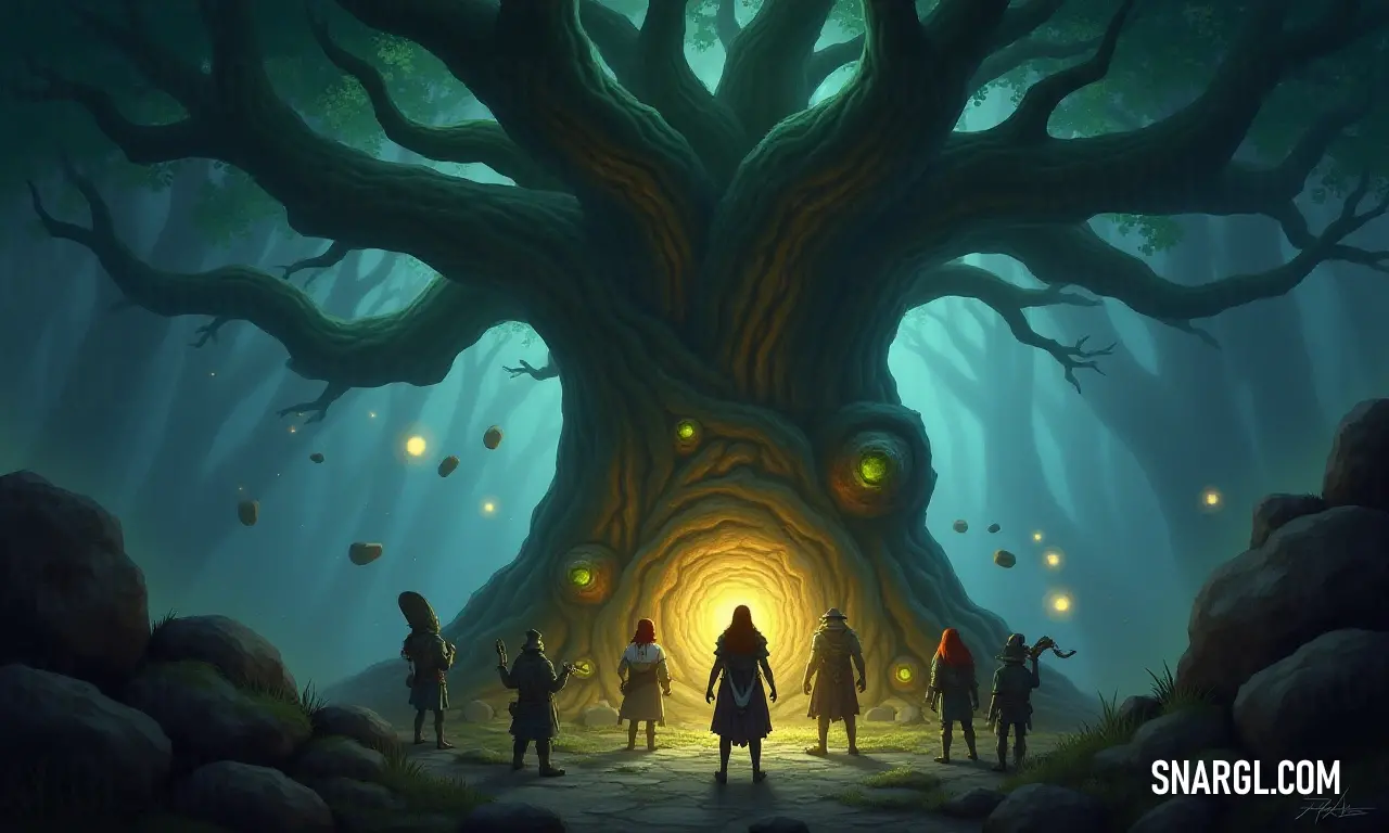 In this lively scene, a cheerful group congregates in front of a splendidly lit tree, radiating joy and camaraderie within the enchanting embrace of the surrounding forest. A vibrant gathering of people gathers joyfully before a magnificent tree adorned with twinkling lights, celebrating connection and warmth amid an enchanting forest backdrop.