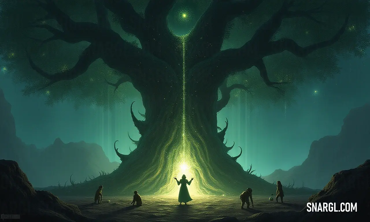 Experience the awe of nature as a group gathers before a colossal tree, illuminated by a mystical light at the base, sparking curiosity and wonder. A giant tree looms majestically, with a gentle light emanating from its trunk, as a group of people stands in awe in front of this natural wonder, lost in thought and admiration.
