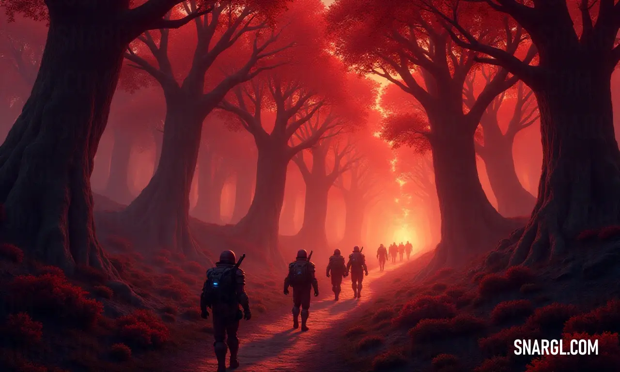 A picturesque journey unfolds as a group walks along a forest path, surrounded by a warm, inviting glow at the break of dawn or dusk. A group of travelers strolls along a forest path, illuminated by warm red hues of dawn or dusk, their silhouettes framed by the enchanting embrace of towering trees.