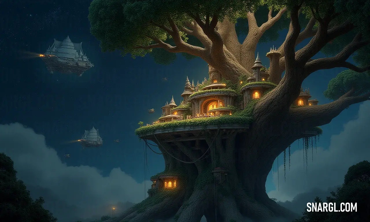 A delightful scene featuring a cozy tree house nestled in a large tree, accompanied by a serene boat on the water, embodying the spirit of adventure and harmony with nature. A charming tree house nestled among the branches of a large tree, with a serene boat gently bobbing in the water nearby, creating a whimsical aura of childhood adventures and natural beauty.