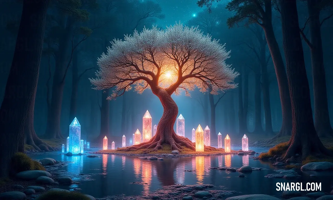 In this enchanting scene, a beautifully illuminated tree stands in a serene forest, reflecting its lights onto a peaceful lake, crafting a magical atmosphere of tranquility and wonder. A mystical scene unfolds with a tree decorated with countless lights, nestled in a tranquil forest beside a shimmering lake, creating a fairy-tale ambiance of enchantment and peace.