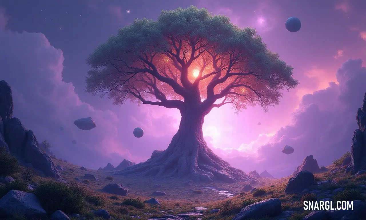 A cheerful tree draped with balloons, inviting joy and adventure with its beautiful path. A whimsical scene featuring a tree adorned with colorful balloons, its roots nestled in a picturesque path of rocks and grass, creating a festive and joyous vista that invites exploration and delight.