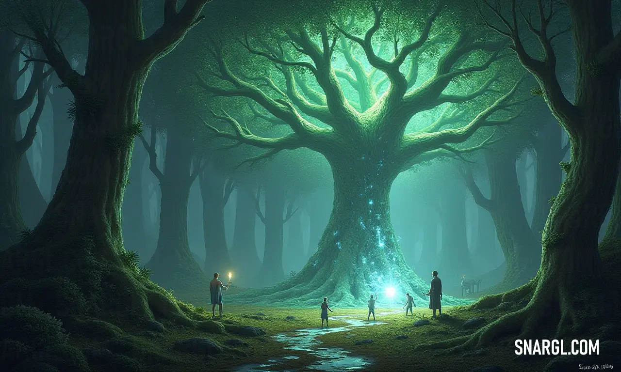 An enchanting depiction of a tranquil forest filled with lush trees and greenery, where people wander amidst nature's splendor, celebrating the bond between humanity and the great outdoors. A picturesque forest scene showcasing a towering tree at the center, surrounded by vibrant foliage and curious individuals exploring the beauty of nature, inviting a sense of adventure and tranquility.