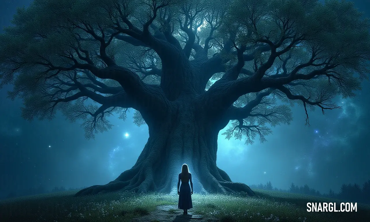 Enchanting Sacred Tree amidst a moonlit forest, cradled by the starlit sky. A mesmerizing Sacred Tree stands before a grand, towering tree in a moonlit forest, surrounded by twinkling stars, creating a magical nightscape steeped in serenity and mystery.