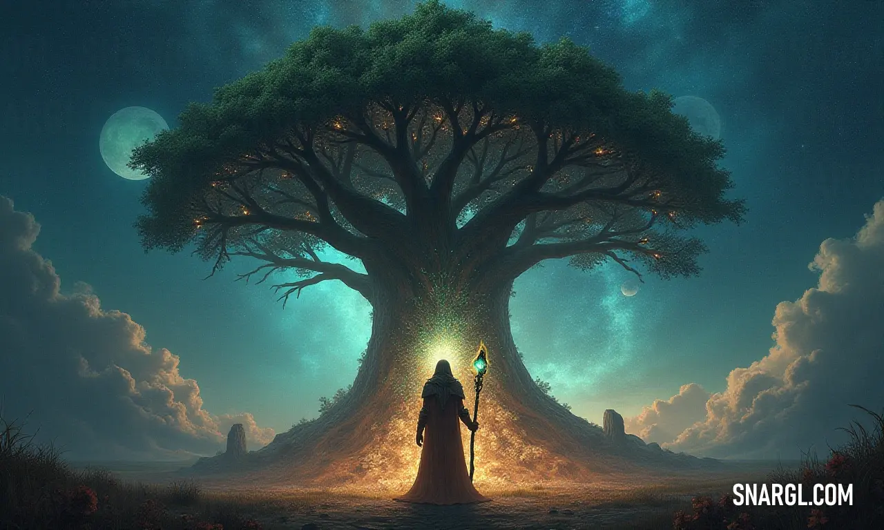 An awe-inspiring Sacred Tree grasping a luminous sword, standing valiantly before a towering tree, enveloped in an extraordinary light, hinting at untold stories and adventures. A fierce Sacred Tree boldly holds a glowing sword, standing intrepidly before a massive tree, surrounded by an aura of mystical light that suggests a hidden power within.