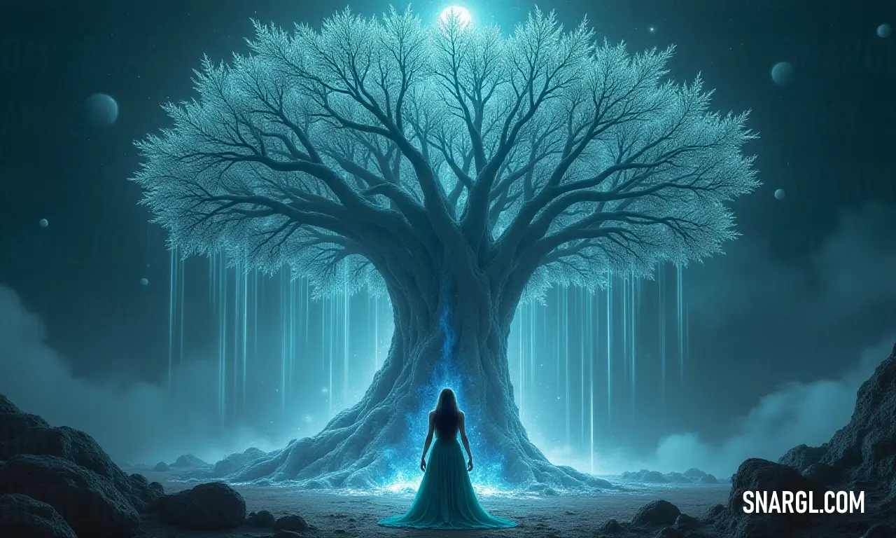 A Sacred Tree aglow with soft light, inviting tranquility in a serene forest setting. A dazzling Sacred Tree is illuminated by a soft beam of light, showcasing its intricate trunk against a backdrop of a dreamy sky, creating an atmosphere of reverence and tranquility in the forest.