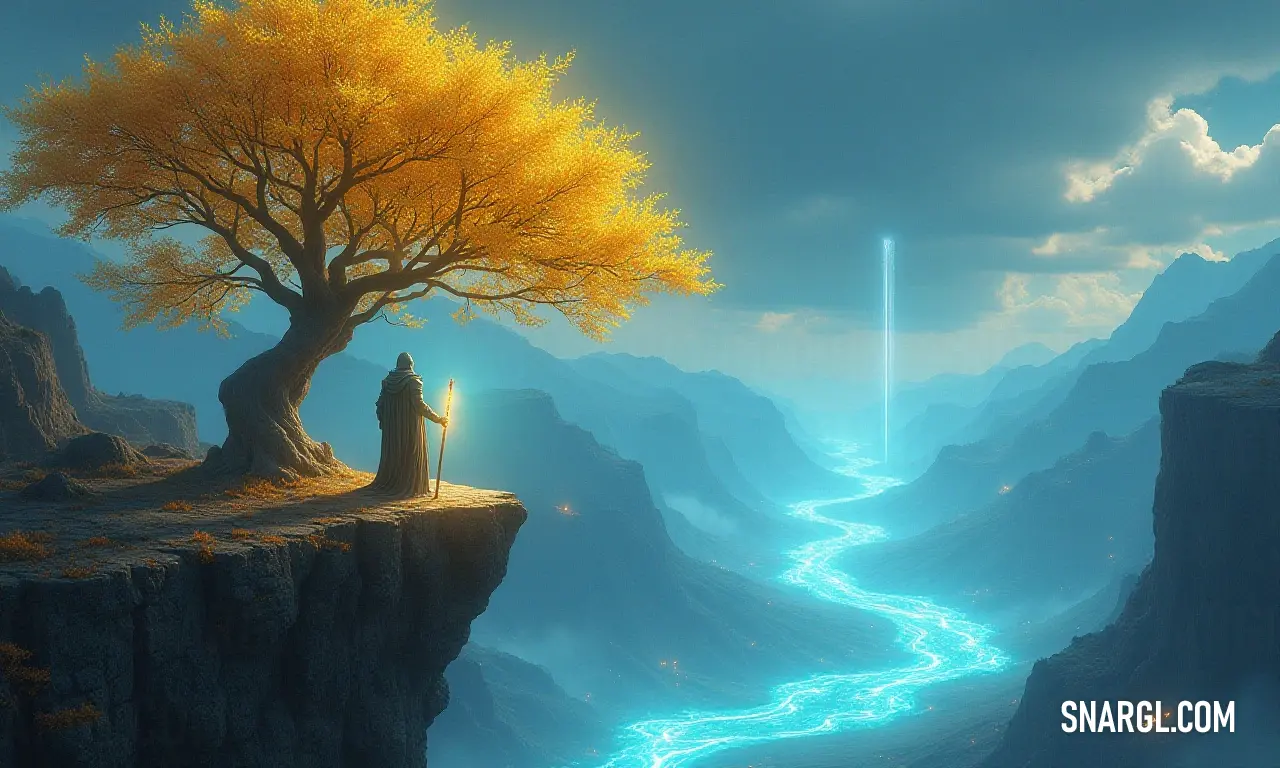 Regal Sacred Tree on a cliff, illuminated by light beams over a serene river landscape. A magnificent Sacred Tree stands regal on a cliff, overlooking a winding river below, as radiant beams of light pierce the sky, creating a surreal and tranquil ambiance that elevates the spirit.