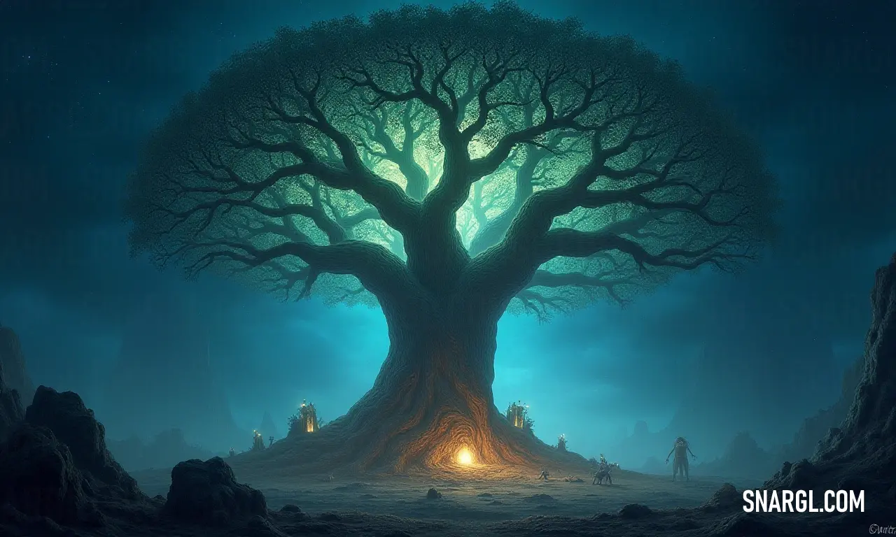 A captivating tree shines brightly in the night with eager onlookers, encapsulating the essence of a magical evening. A mystical tree radiates a warm, glowing light under a starry night sky, with silhouettes of people gathered around, creating an enchanting and serene atmosphere.