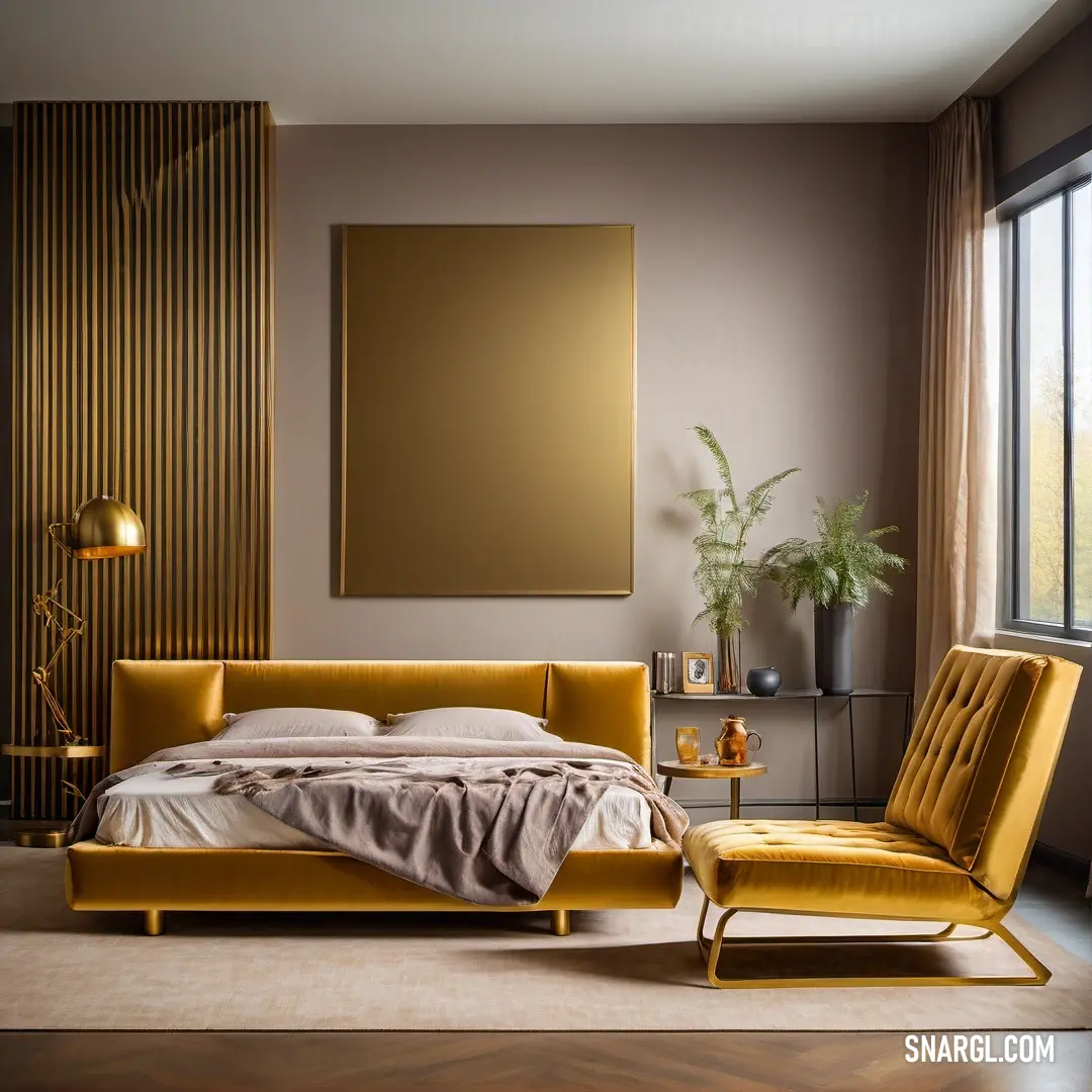 An inviting bedroom scene reveals a cozy bed, a stylish chair, and an artistic painting gracing the wall, embodying a sense of warmth and tranquility in a harmonious color palette.