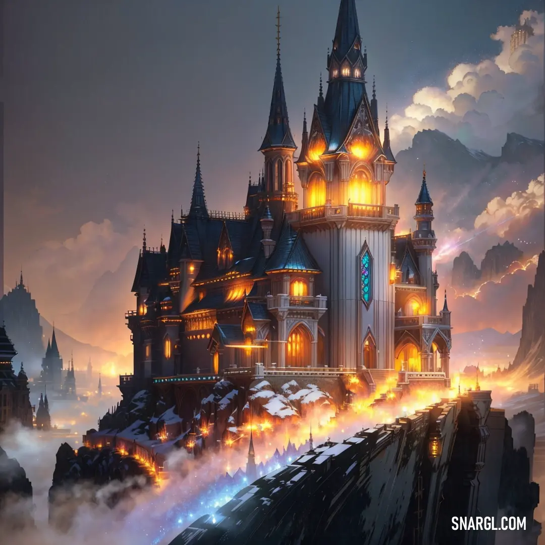 A grand, ancient castle stands proudly under the cover of fog and night, its towering spires illuminated by lights from within. The clock on the castle’s face adds a timeless element, creating a scene full of mystery and quiet grandeur.