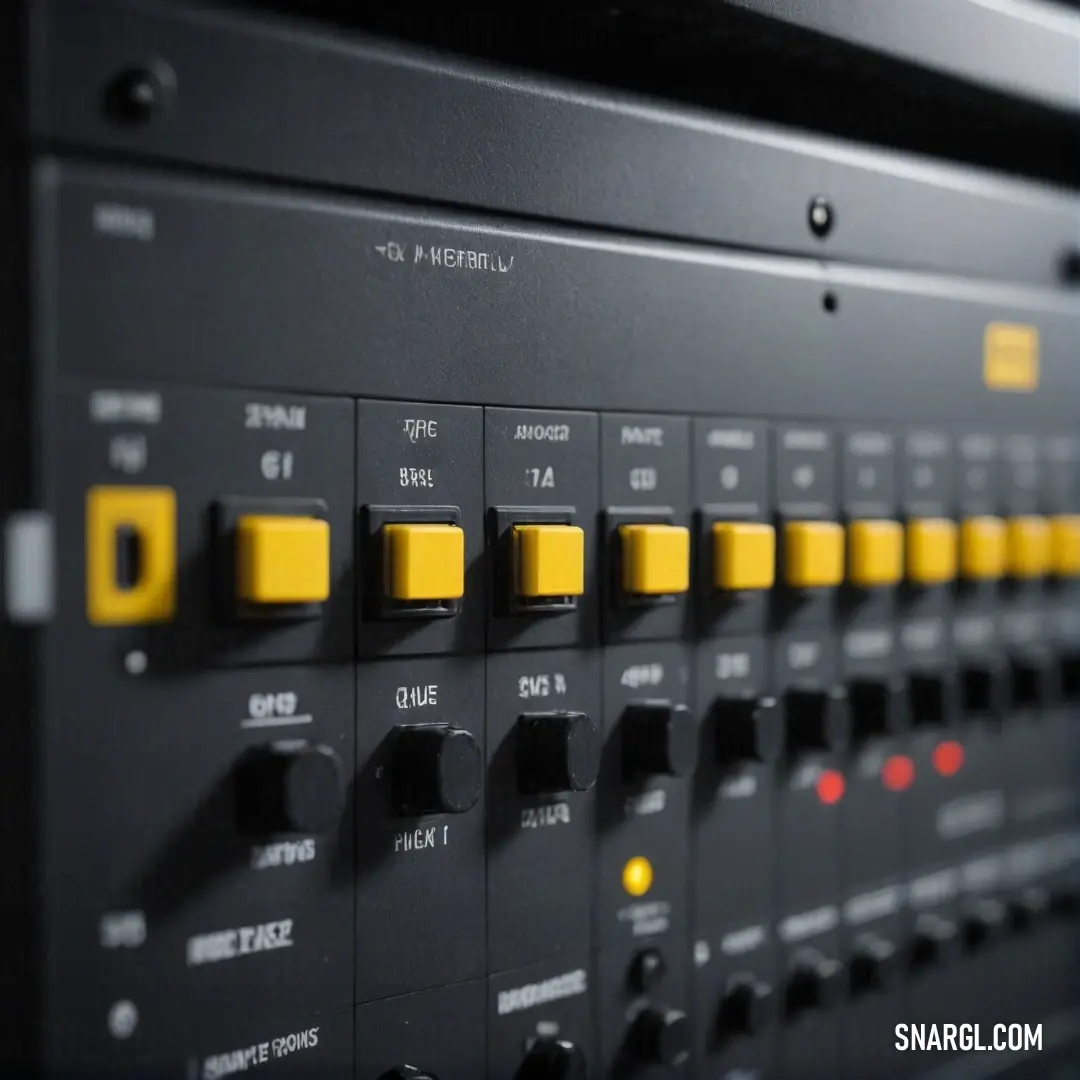 A detailed close-up of a colorful switch panel, featuring vibrant yellow buttons contrasted by the sleekness of black wires. This dynamic setting speaks to innovation and functionality, showcasing the art of modern design in everyday technology.