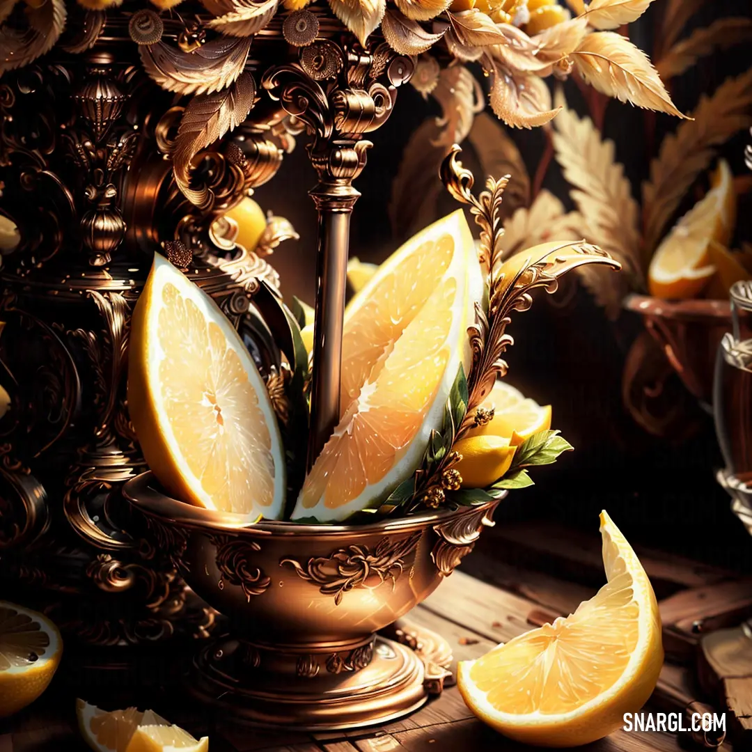 Golden vase filled with lemons and other fruit on a table top next to a candle holder and a glass of wine