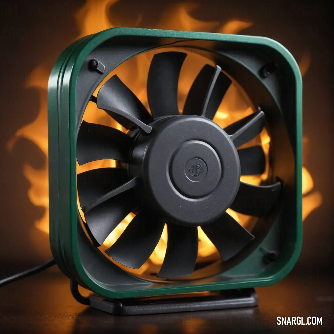 A striking green and black fan adorned with fiery flames in the background, showcasing a dynamic mix of colors and energy. This image captures the essence of movement and warmth, reflecting RGB 139,69,19 colors.