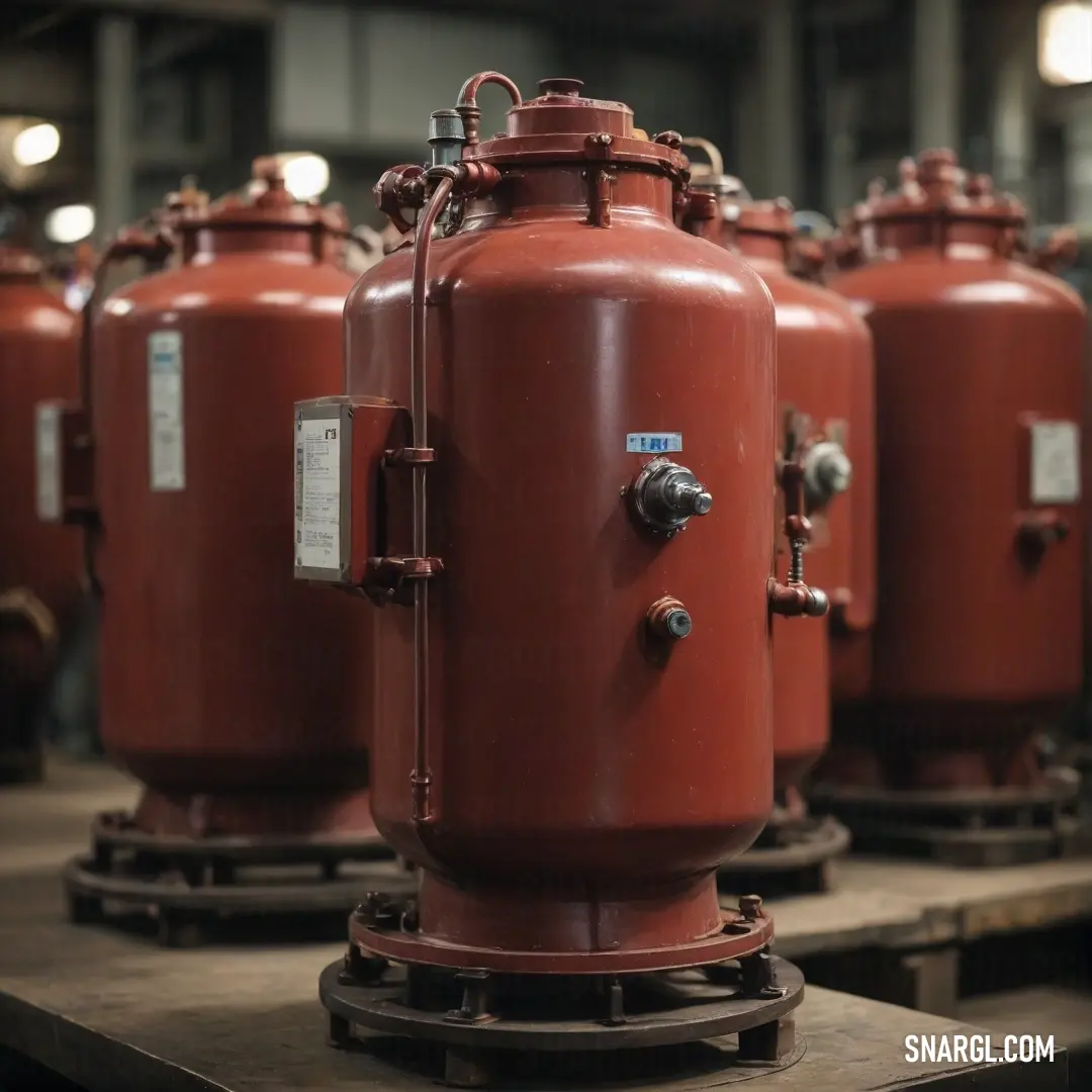 A striking arrangement of red tanks sits atop a wooden table in a warehouse, with more tanks fading into the background. The stark contrast between the bright red and rustic wood creates an industrial yet compelling visual narrative of functionality captu