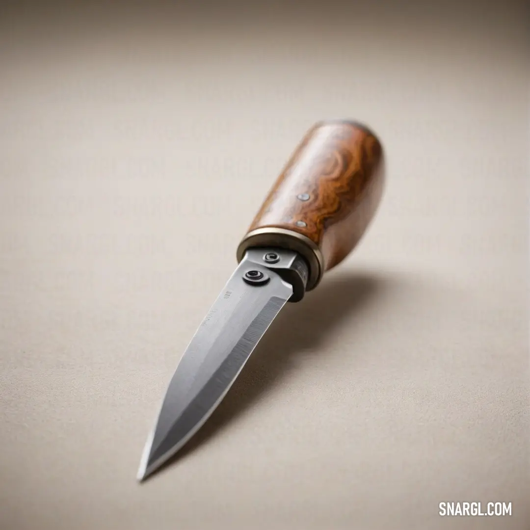 A beautifully crafted knife featuring an elegant wooden handle rests against a marbled brown tabletop, exuding a rustic charm that enhances its practical allure.