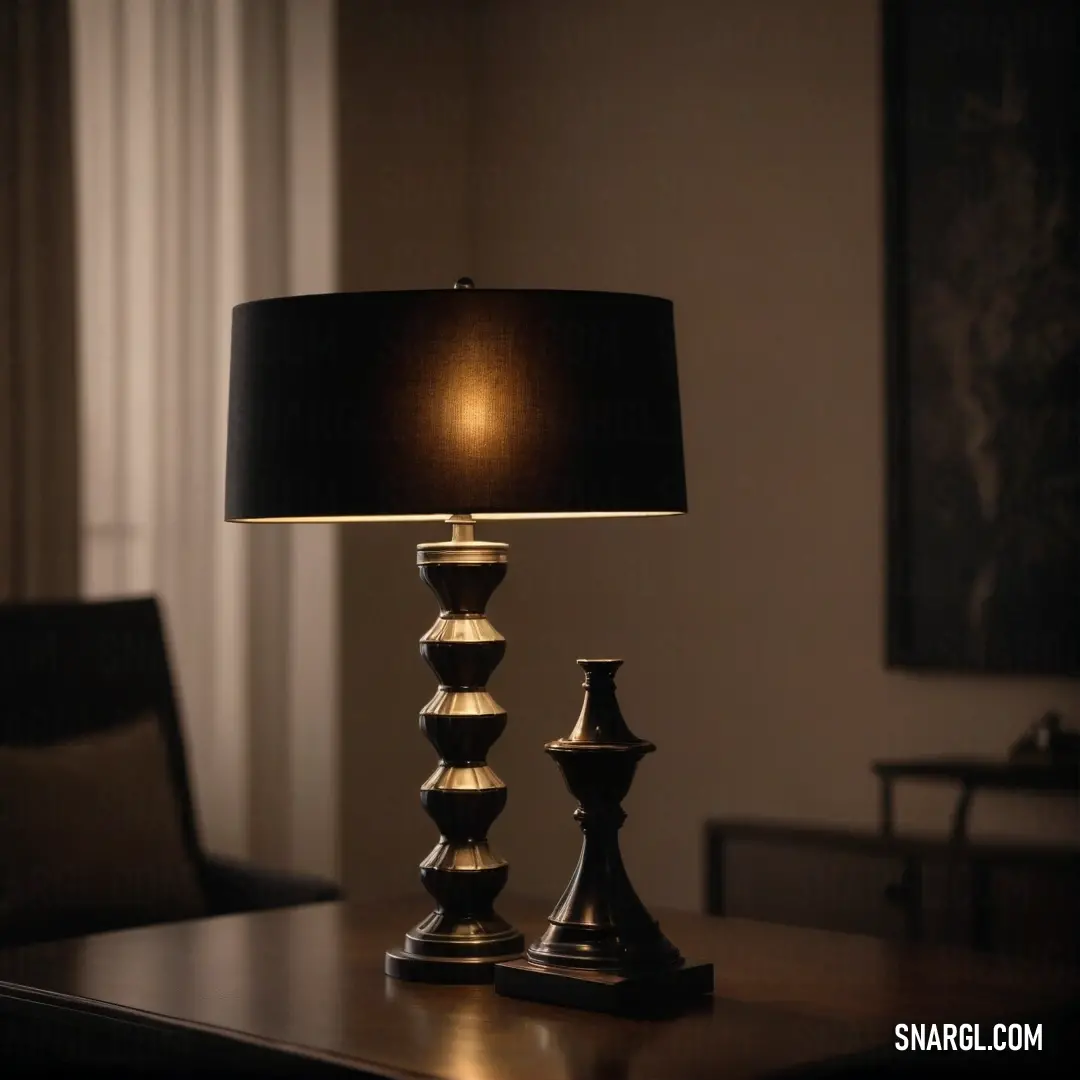 A stylish lamp made in a warm saddle brown color rests on a sleek table, casting a gentle glow in a cozy room. A comfortable chair and a bright window enhance the inviting atmosphere.