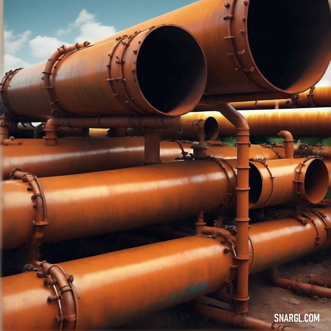 Large group of pipes are stacked together in a field of grass and dirt. Example of #8B4513 color.