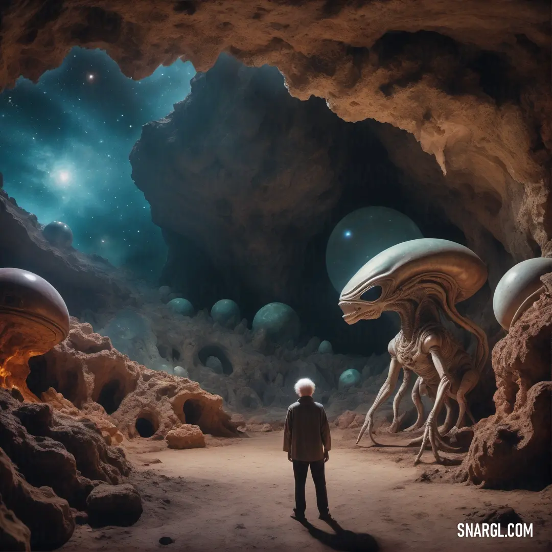 A man stands in a cave, gazing at a distant creature, with a dramatic sky in the background. The earthy brown tones of the cave and the sky's contrast create an intense, mysterious atmosphere, with the figure’s curiosity at the forefront.