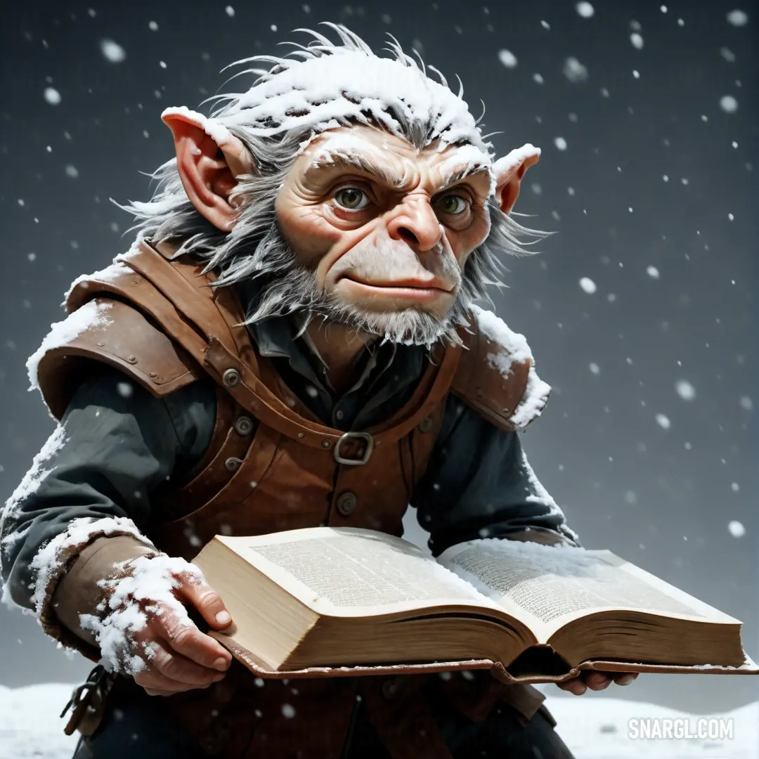 A curious monkey, standing in a snow-covered landscape, holds a book while snowflakes gently fall on its face. The cool winter air contrasts with the warm hues of the animal, creating a charming scene of winter wonder.