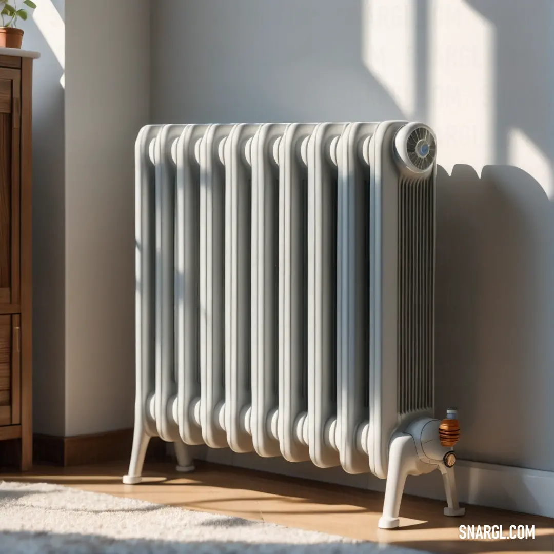 A modern radiator sits in a cozy room, complemented by a soft white rug and an elegant wooden cabinet adorned with a flourishing plant, illustrating a blend of functionality and style.