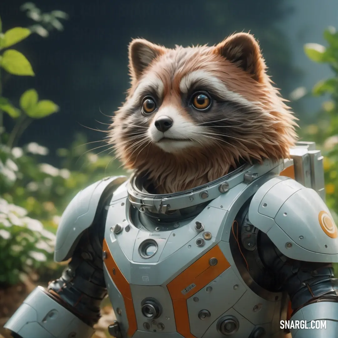 A charming rocket raccoon dons a space suit and helmet, striking a playful pose with a cheerful green plant behind it, merging adventure and nature in an imaginative setting.