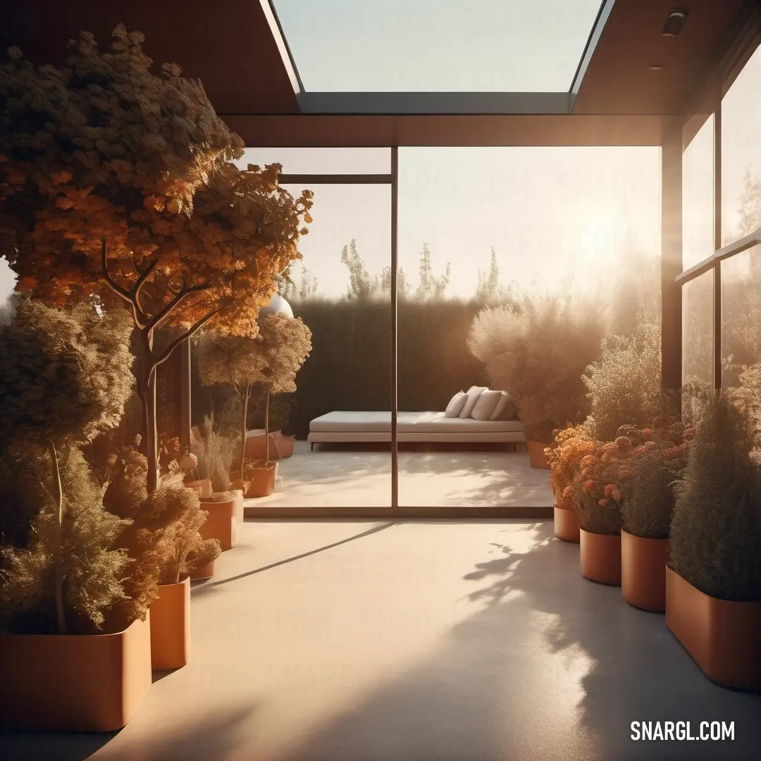 Room with a bed and many potted plants in it and a skylight above it that is shining. Color Saddle brown.